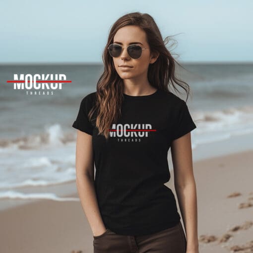 Female Beach Black T-shirt mockup 01