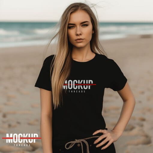 Female Beach Black T-shirt mockup 02