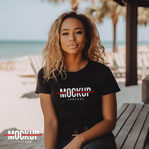 Female Beach Black T-shirt mockup 04